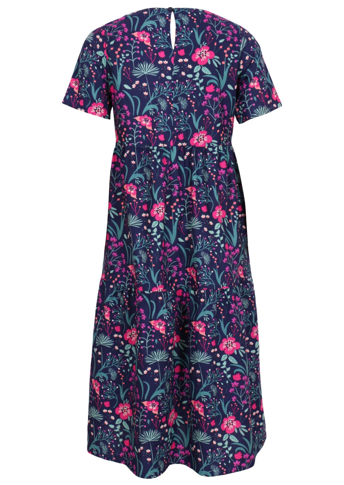 Tiered long pink and purple floral on dark blue base 100 percent cotton sundress back