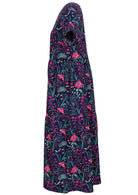 Tiered long pink and purple floral on dark blue base 100 percent cotton sundress side