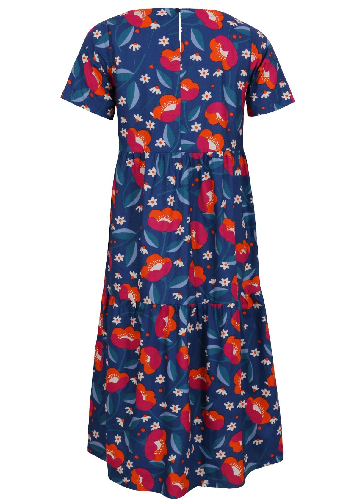 Cotton midi length dress with short sleeves, three tiered skirt and button closure at back of the neck