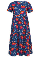 100% cotton midi length dress with short sleeves, high round neckline and three tiered skirt