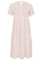 Back mannequin photo of natural white double cotton short sleeve relaxed fit midi length dress with button at nape of neck