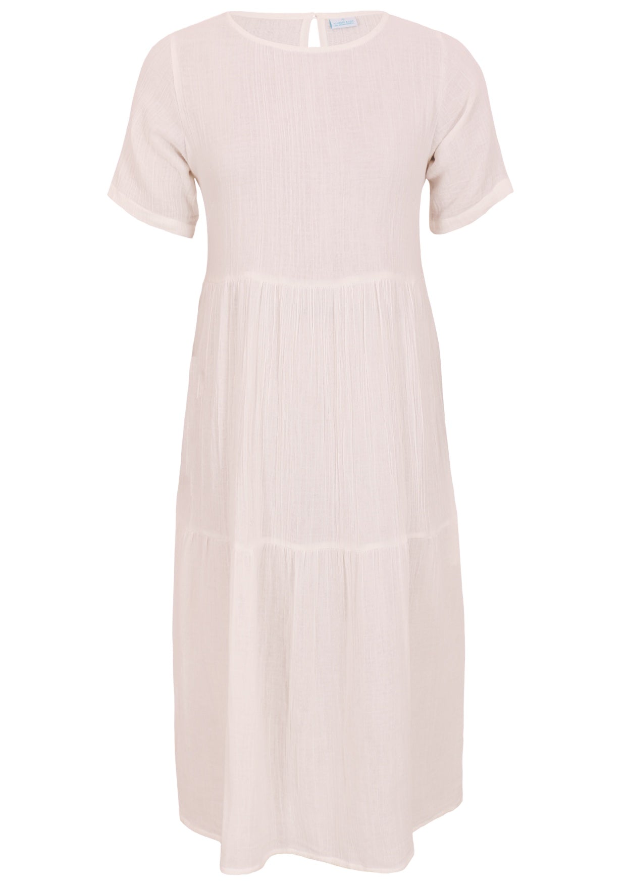 Front mannequin photo of natural white double cotton short sleeve relaxed fit midi length dress with side pockets