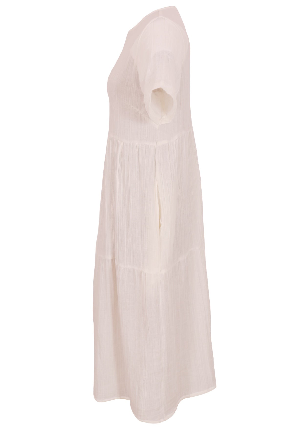 Side mannequin photo of natural white double cotton short sleeve relaxed fit midi length dress with side pockets