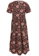 Black based traditional Indian floral print cotton dress with short sleeves.