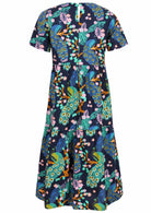 Cotton midi length dress with short sleeves, three tiered skirt and button closure at back of the neck