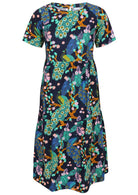 100% cotton midi length dress with short sleeves, high round neckline and three tiered skirt