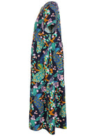 Side view of cotton short sleeved midi length dress with empire waist and tiered dress