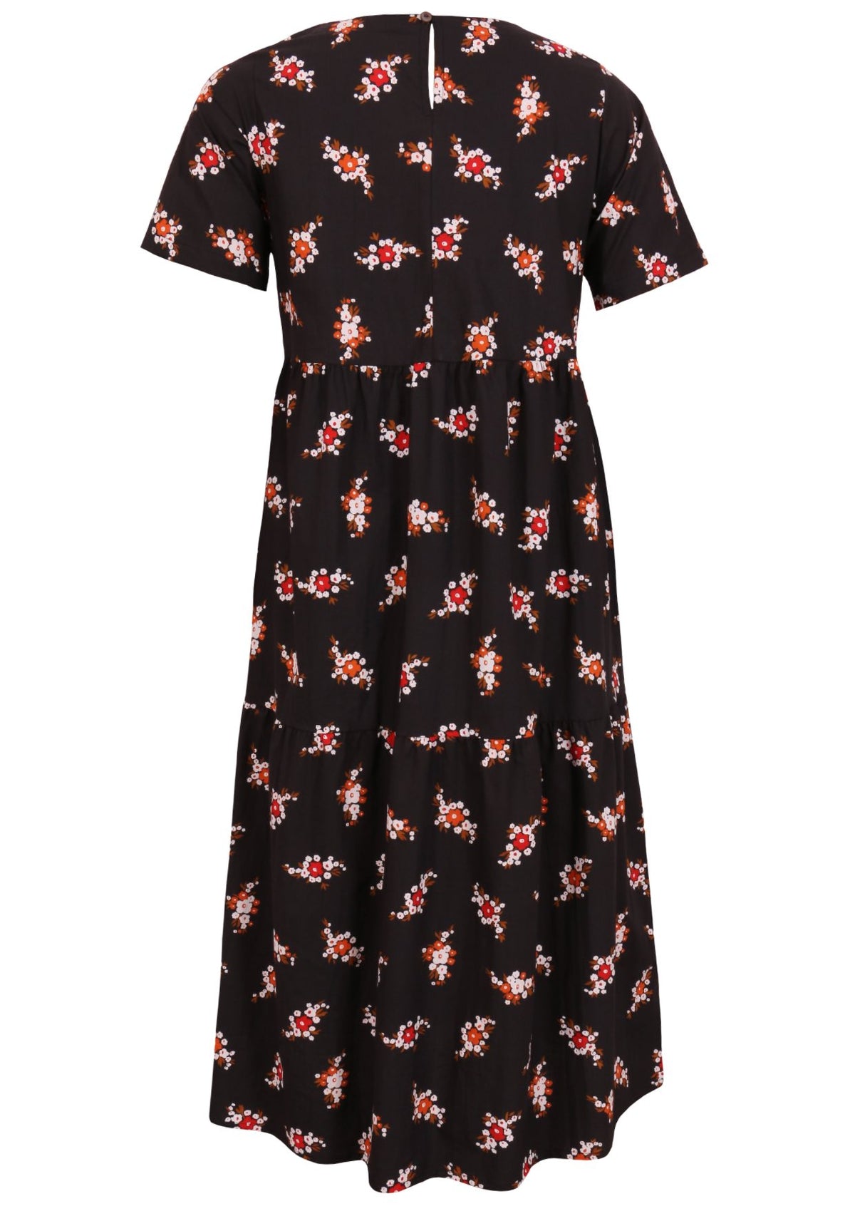 Cotton midi length dress with short sleeves, three tiered skirt and button closure at back of the neck