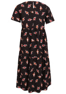 Cotton midi length dress with short sleeves, three tiered skirt and button closure at back of the neck