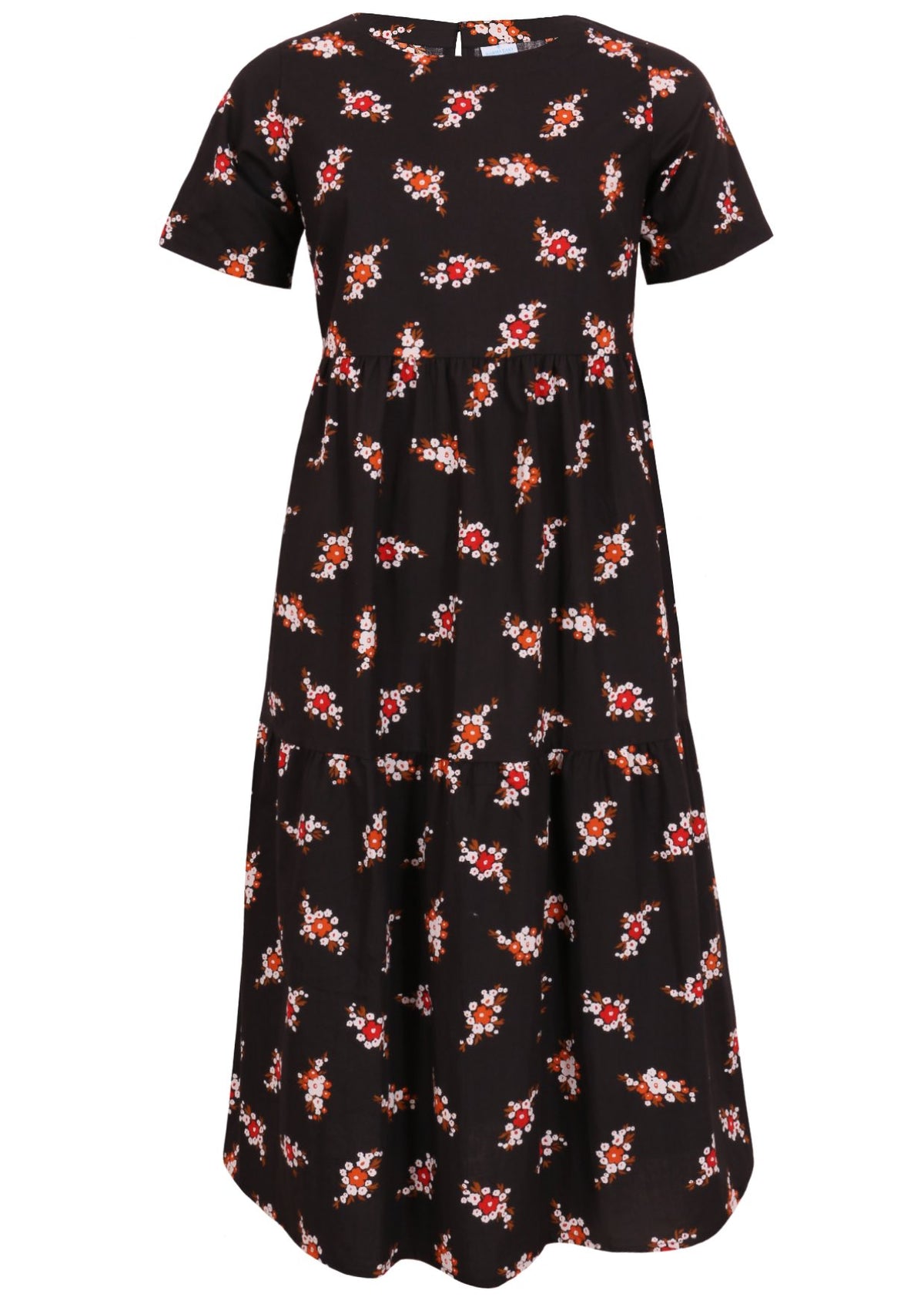 100% cotton midi length dress in black with short sleeves, high round neckline and three tiered skirt