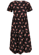 100% cotton midi length dress in black with short sleeves, high round neckline and three tiered skirt