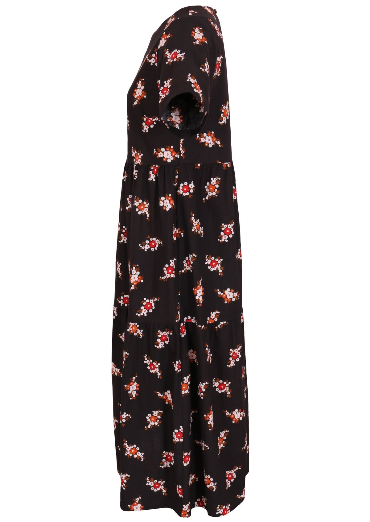 Side view of cotton short sleeved midi length dress with empire waist and tiered skirt in black based floral print 