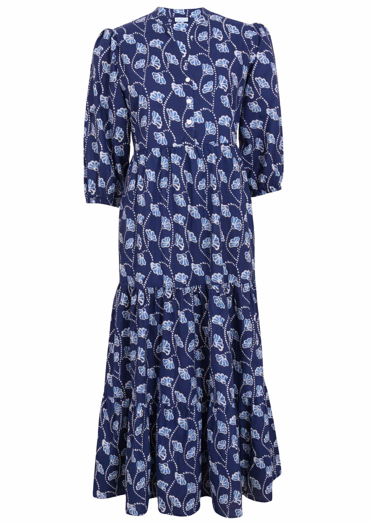 100% navy blue based floral three tiered flowy maxi dress with buttoned bodice, 3/4 sleeves and mandarin collar 