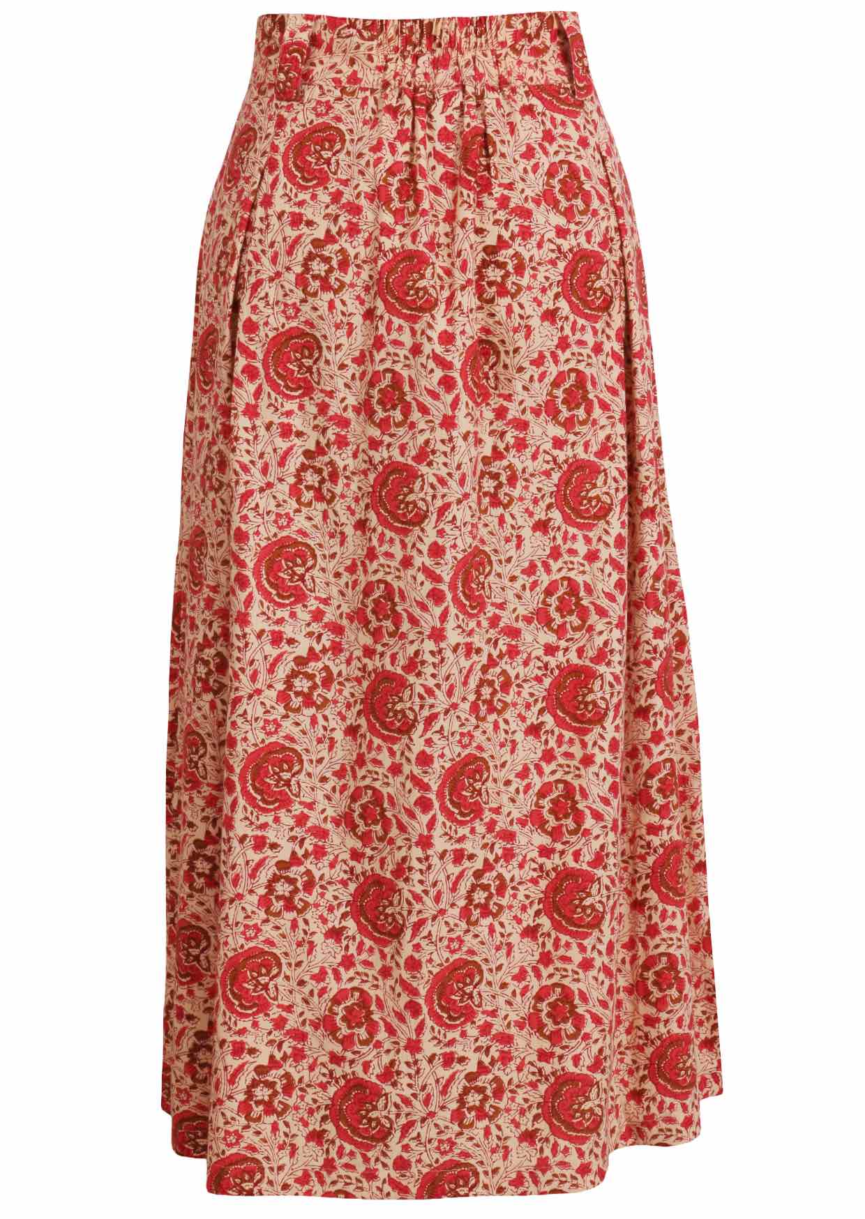 Floral printed knee length cotton skirt with belt loops and elastic at back of the waist