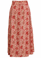 Floral printed knee length cotton skirt with belt loops and elastic at back of the waist