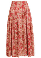 100% cotton knee length button through skirt with box pleats and belt loops in cream based floral print