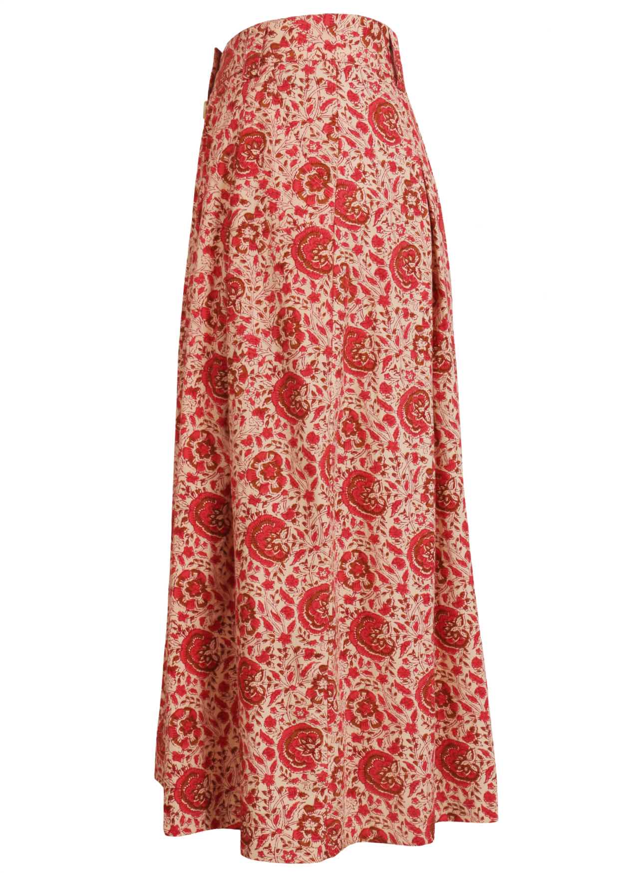 Knee length button cotton skirt with box pleats, pockets and belt loops