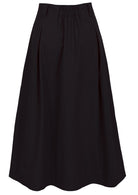 Back view of black cotton A-line skirt with elastic in the centre of the waistband and belt loops