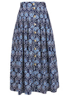 100% cotton knee length button through skirt with box pleats and belt loops in navy blue based floral print