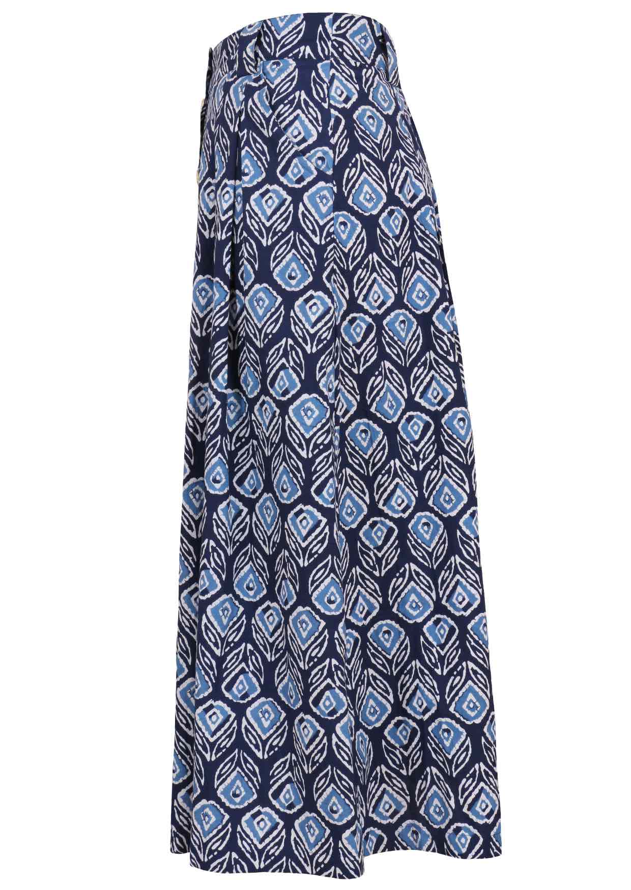 Knee length button cotton skirt with box pleats, pockets and belt loops