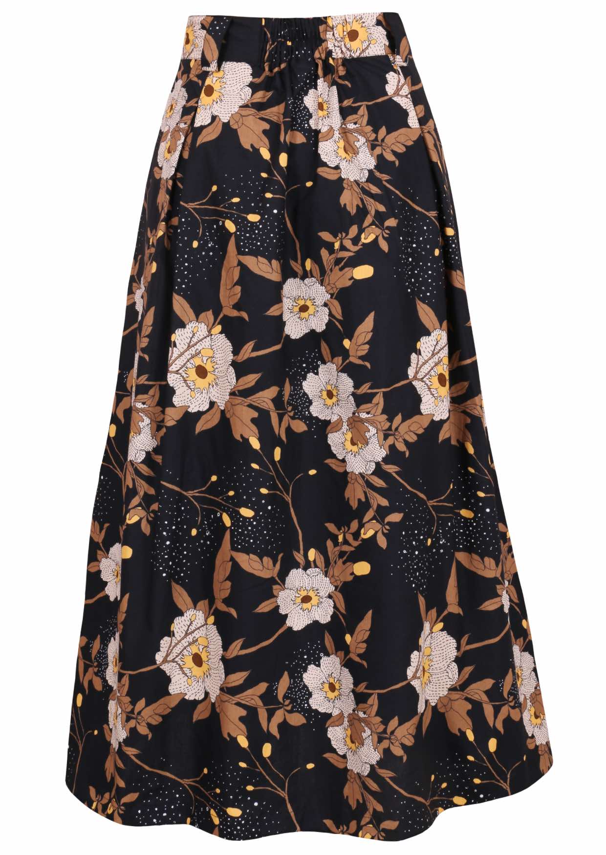 Floral printed knee length cotton skirt with belt loops and elastic at back of the waist