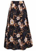 Floral printed knee length cotton skirt with belt loops and elastic at back of the waist