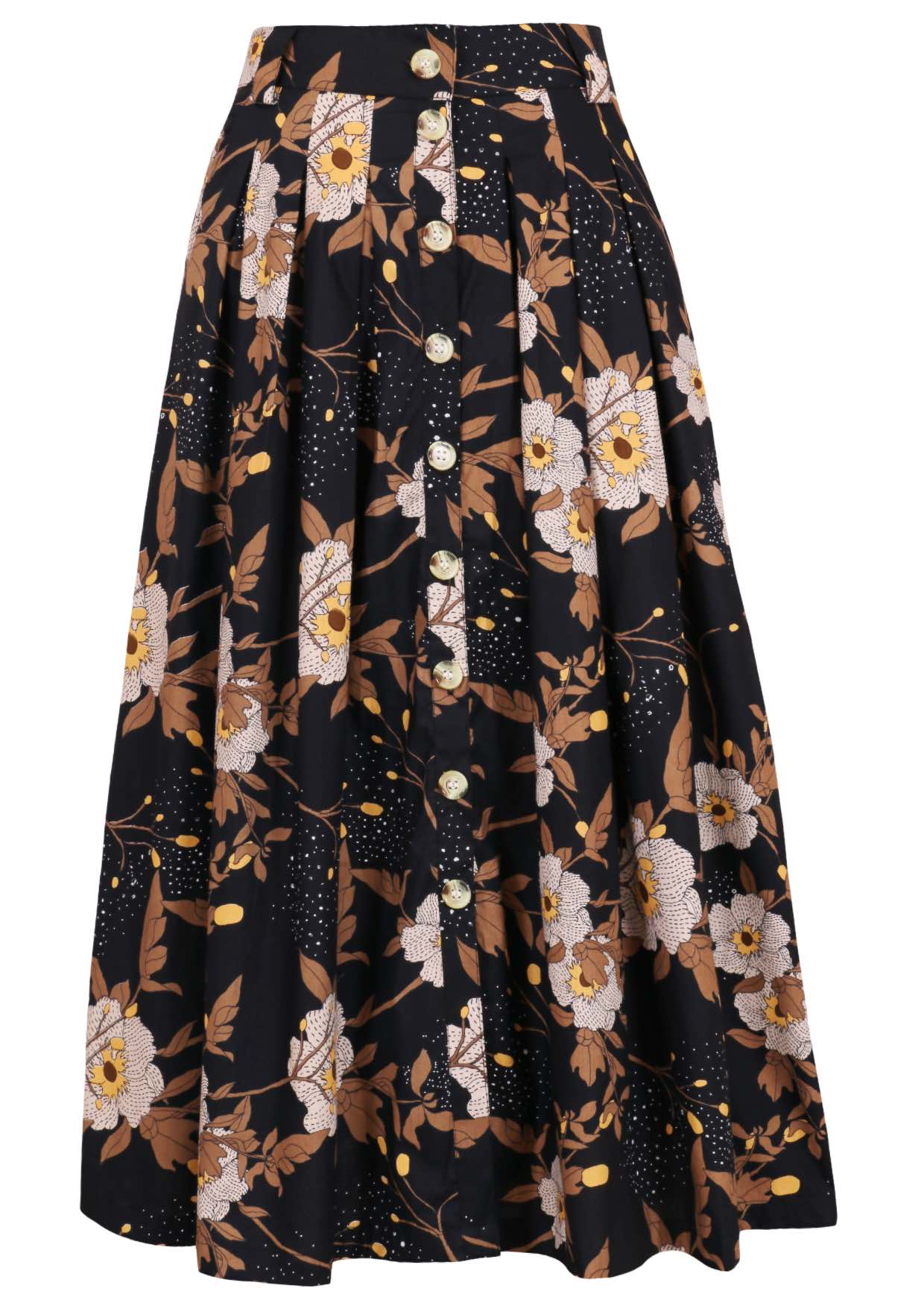 100% cotton knee length button through skirt with box pleats and belt loops in black based floral print