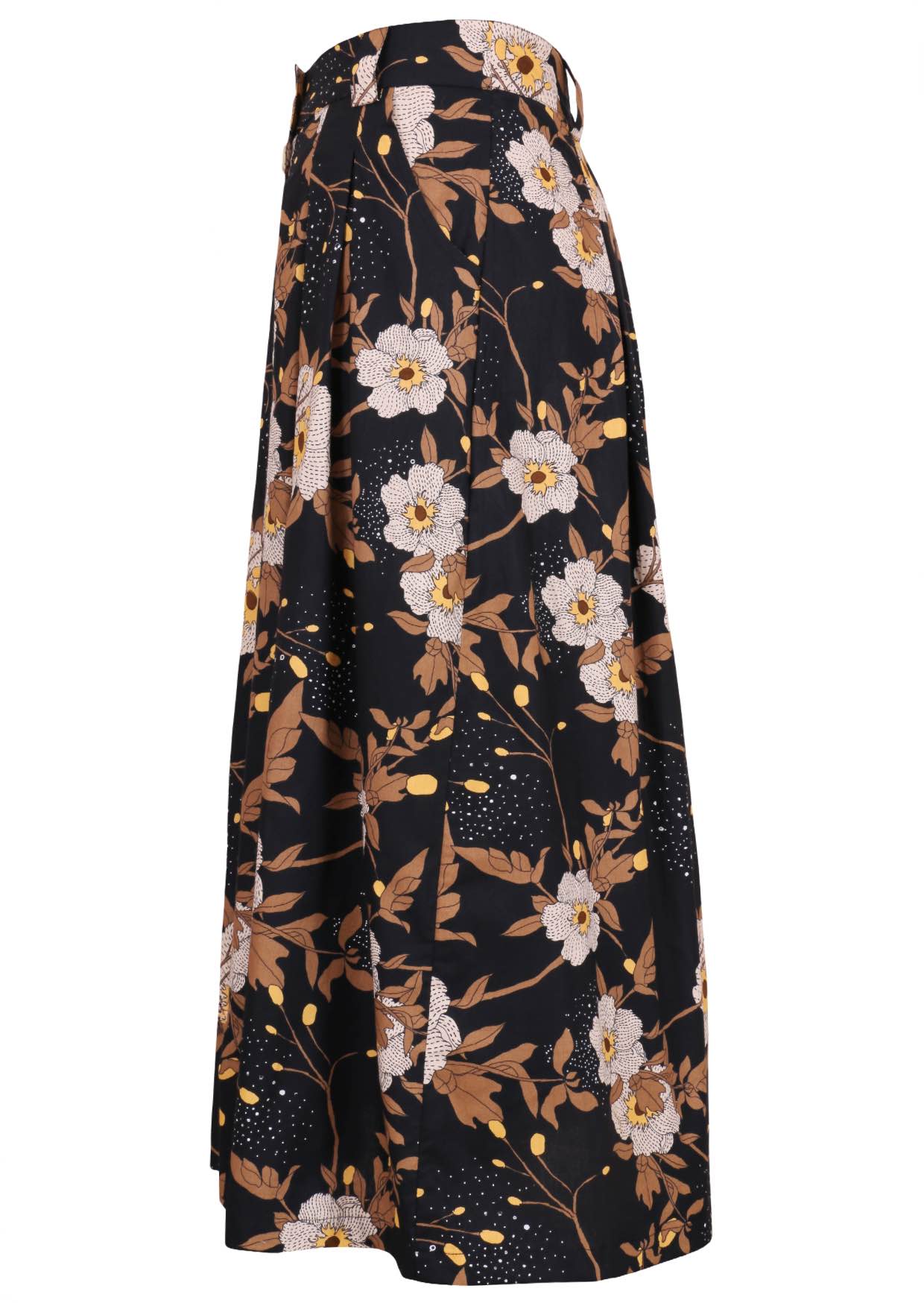 Knee length button cotton skirt with box pleats, pockets and belt loops