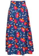 Floral printed knee length cotton skirt with belt loops and elastic at back of the waist
