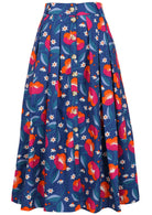 100% cotton knee length button through skirt with box pleats and belt loops in royal blue based floral print