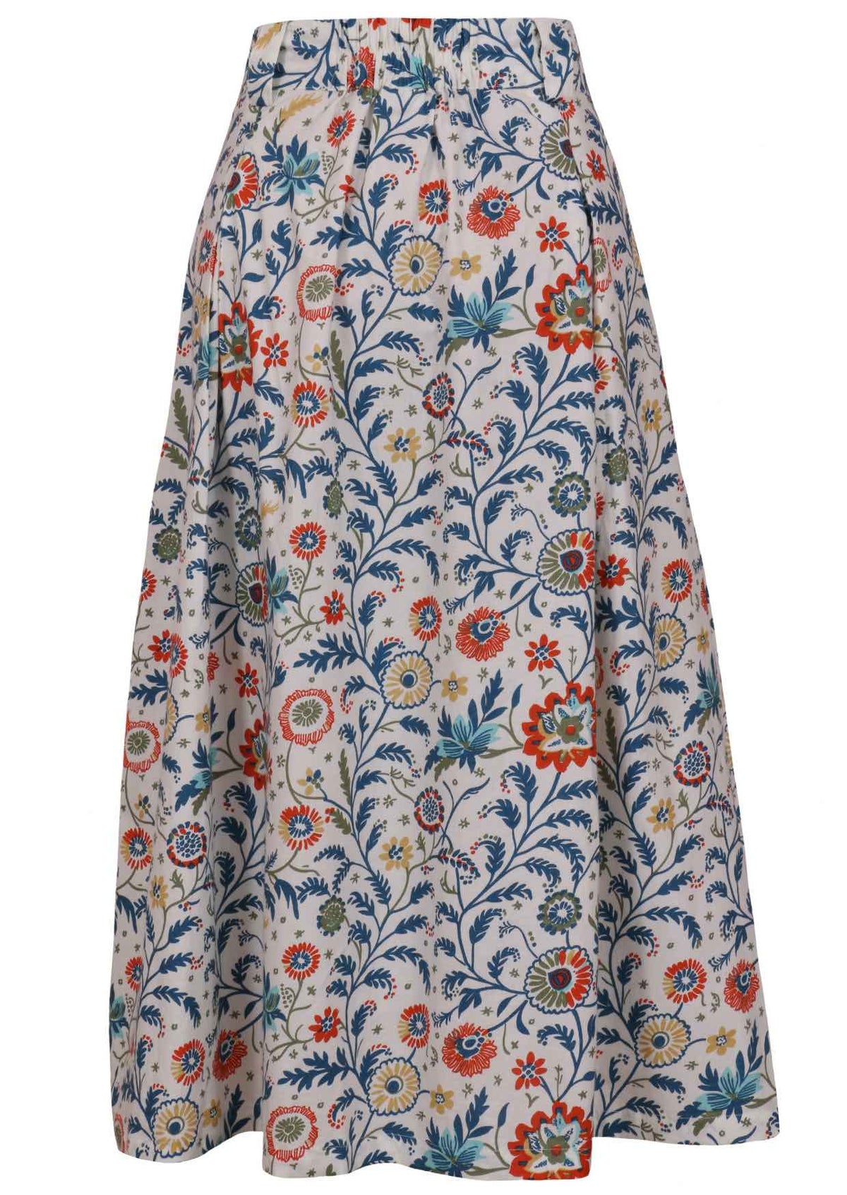Floral printed knee length cotton skirt with belt loops and elastic at back of the waist