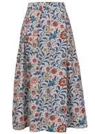 Floral printed knee length cotton skirt with belt loops and elastic at back of the waist