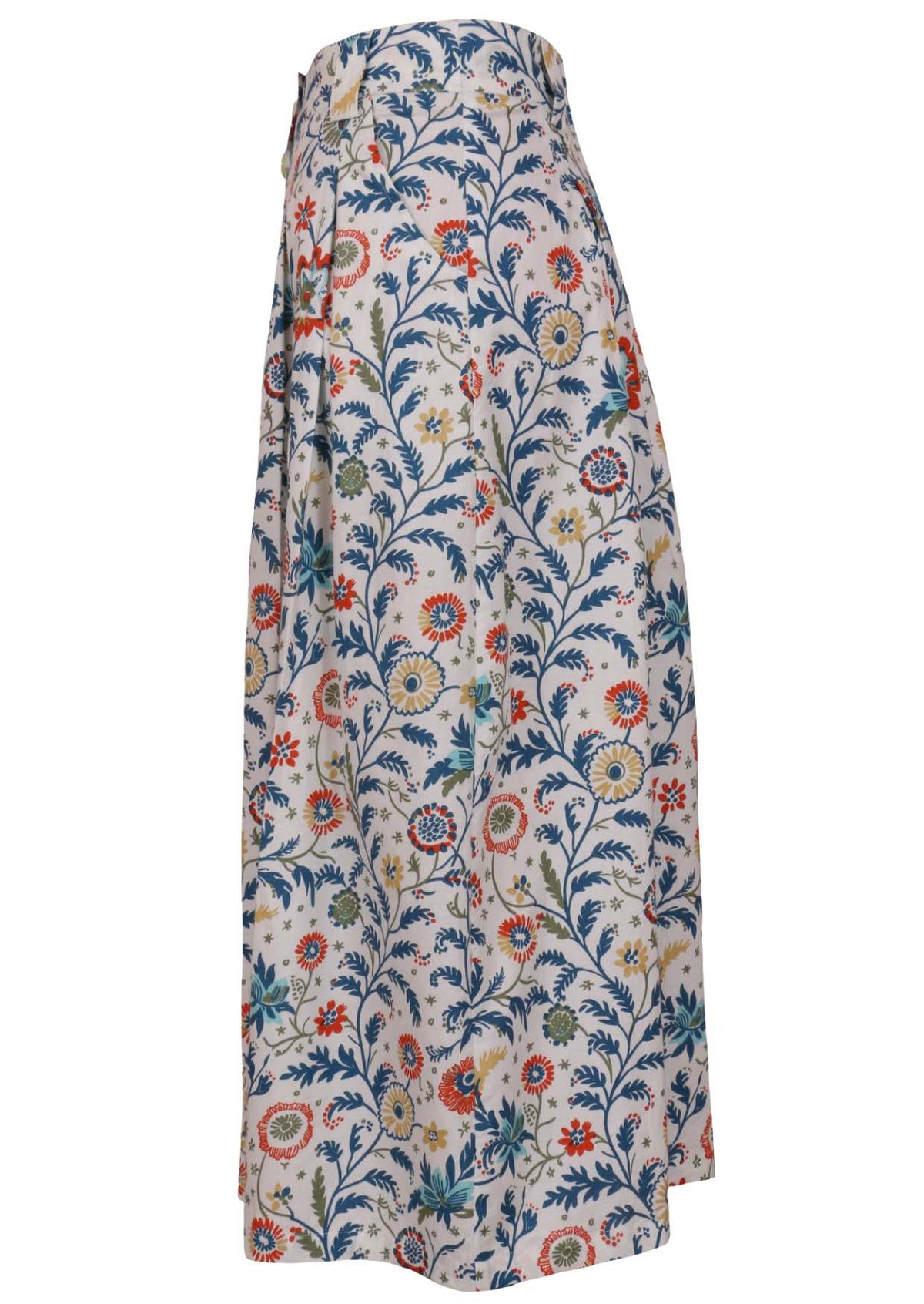 Knee length button cotton skirt with box pleats, pockets and belt loops
