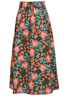 Floral printed knee length cotton skirt with belt loops and elastic at back of the waist