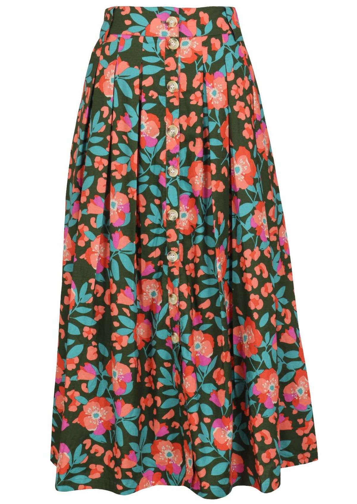 100% cotton knee length button through skirt with box pleats and belt loops in olive green based floral print