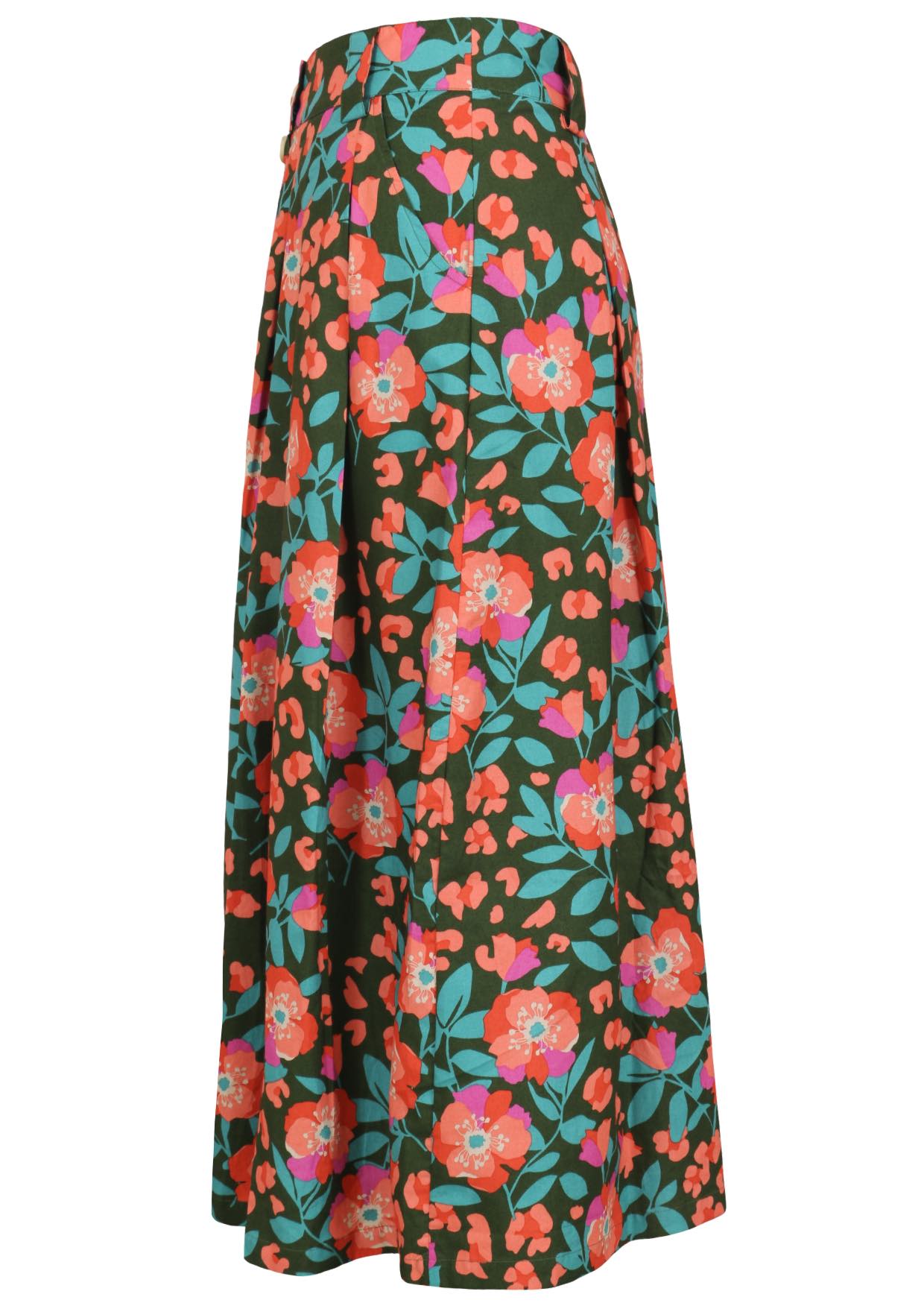 Knee length button cotton skirt with box pleats, pockets and belt loops