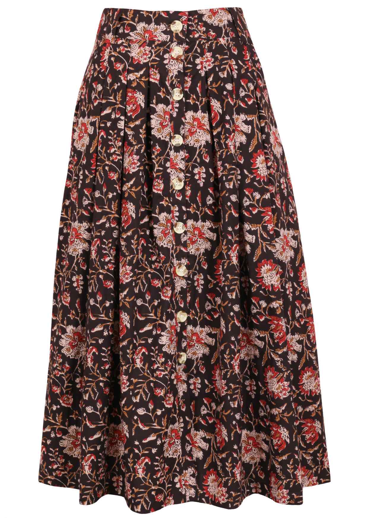 Black based traditional Indian floral print cotton belt loop skirt.