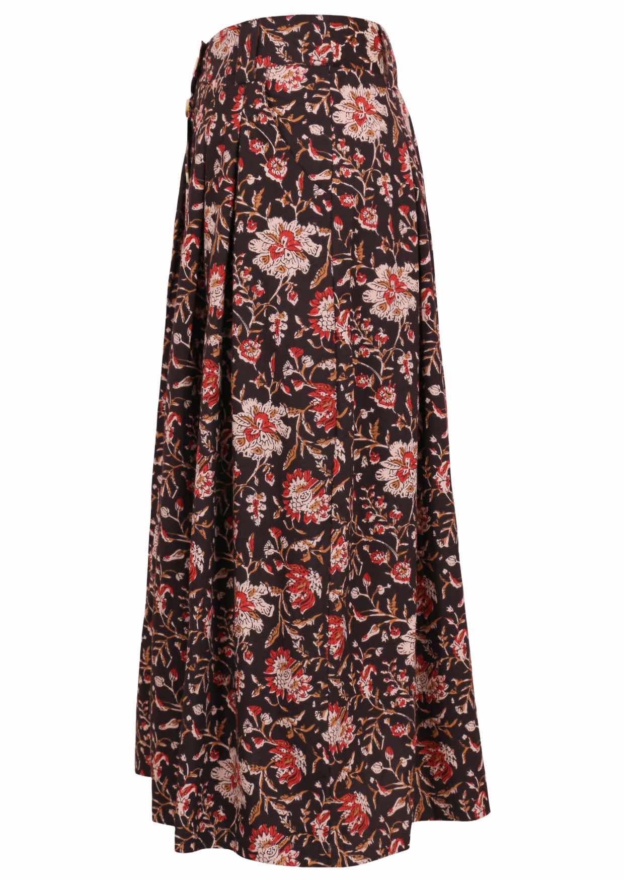 Black based traditional Indian floral print cotton skirt with pockets.