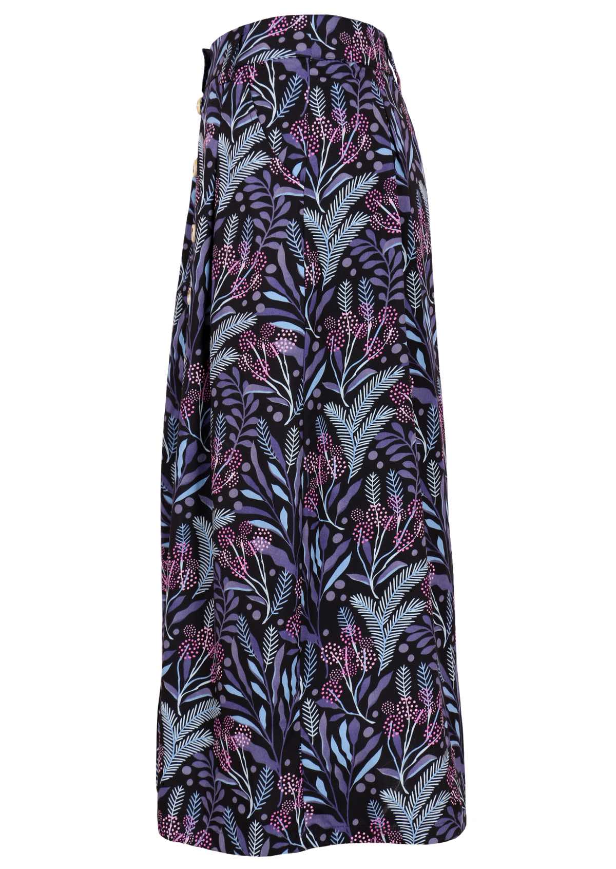 Black based botanical print in blues and pinks cotton skirt