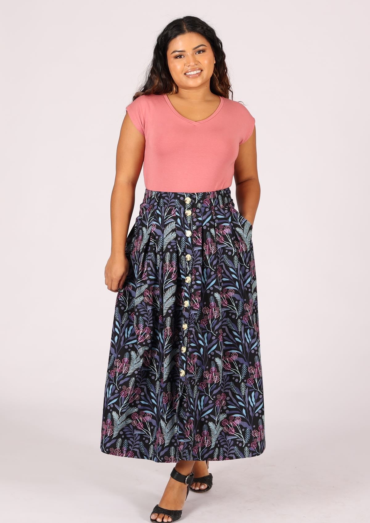 Botanical print cotton skirt with pockets and box pleats