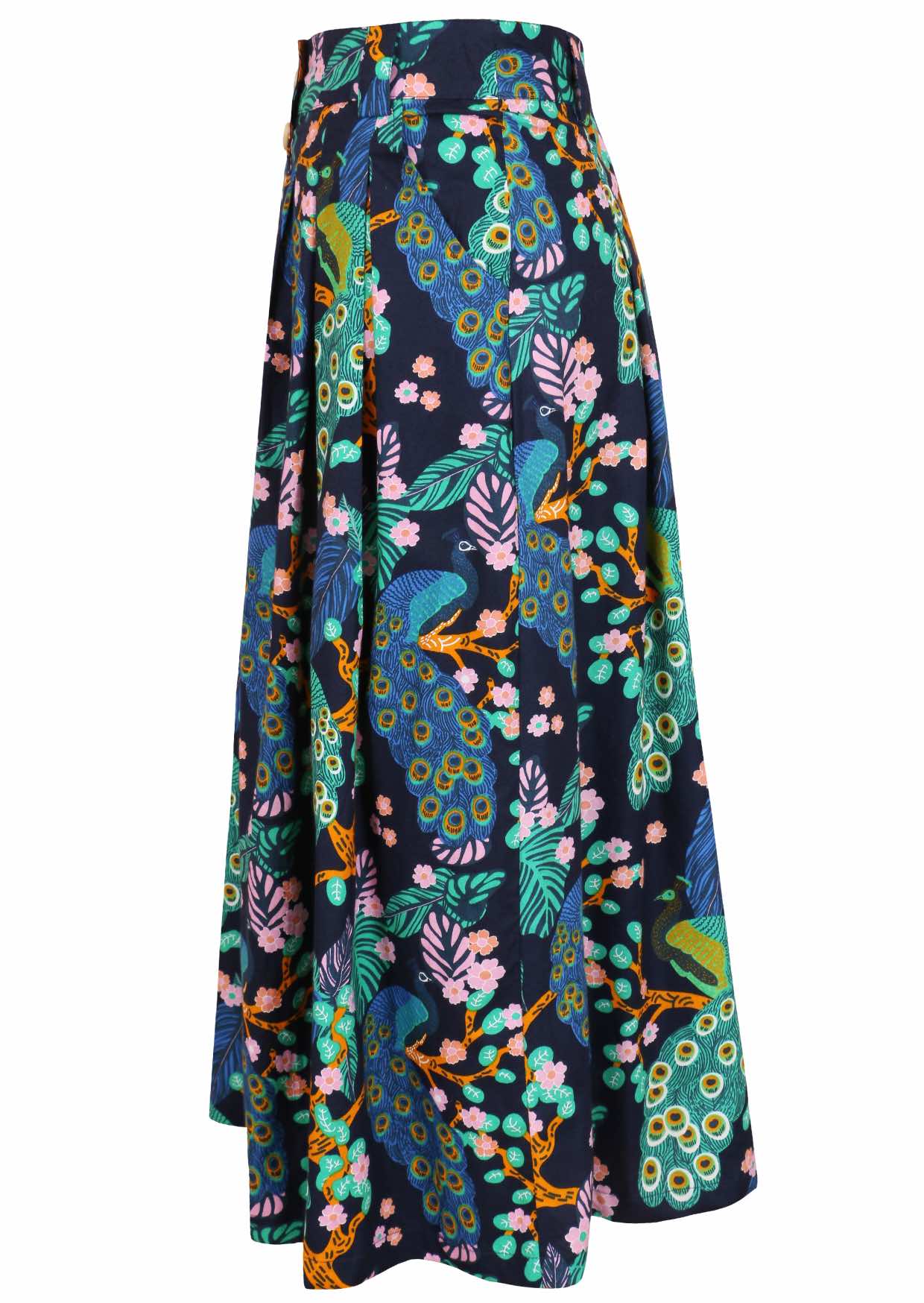 Side view of mid-length button through cotton skirt with box pleats, pockets and belt loops