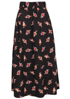Floral printed knee length cotton skirt with belt loops and elastic at back of the waist