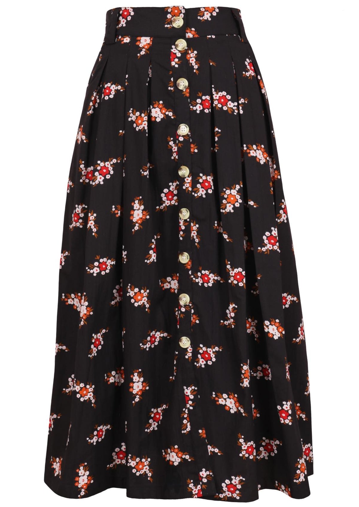 100% cotton knee length button through skirt with box pleats and belt loops in black based floral print