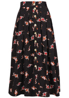 100% cotton knee length button through skirt with box pleats and belt loops in black based floral print