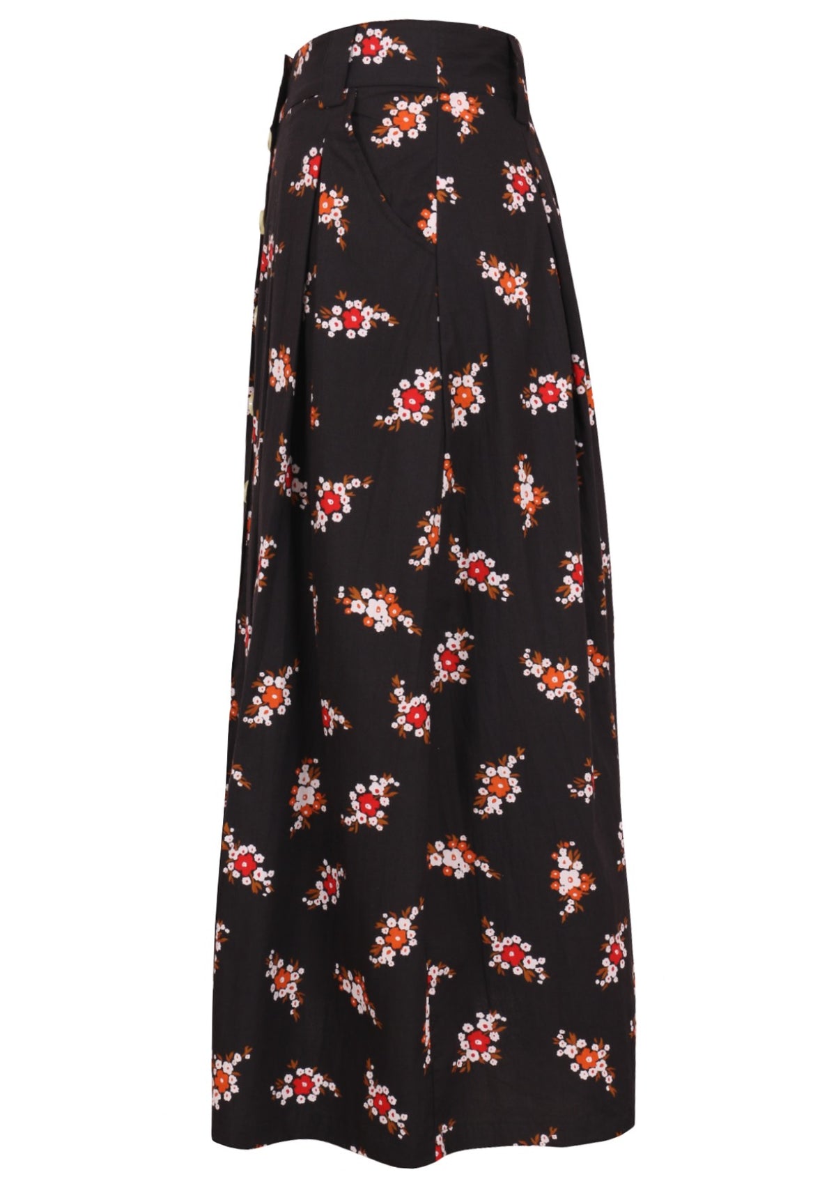 Knee length button cotton skirt with box pleats, pockets and belt loops
