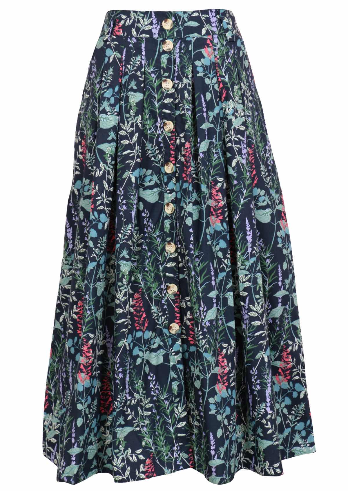 Gorgeous floral print on dark teal base cotton button through skirt