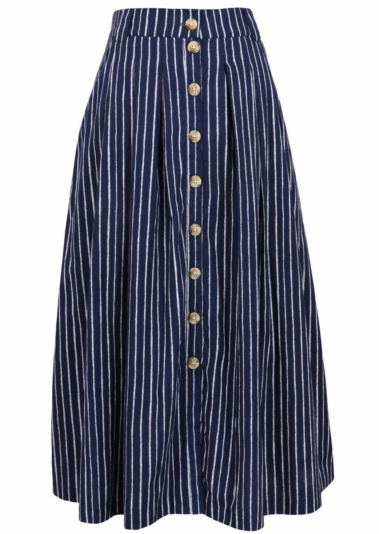 100% cotton knee length button through skirt with box pleats and belt loops in navy based white striped print
