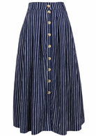 100% cotton knee length button through skirt with box pleats and belt loops in navy based white striped print