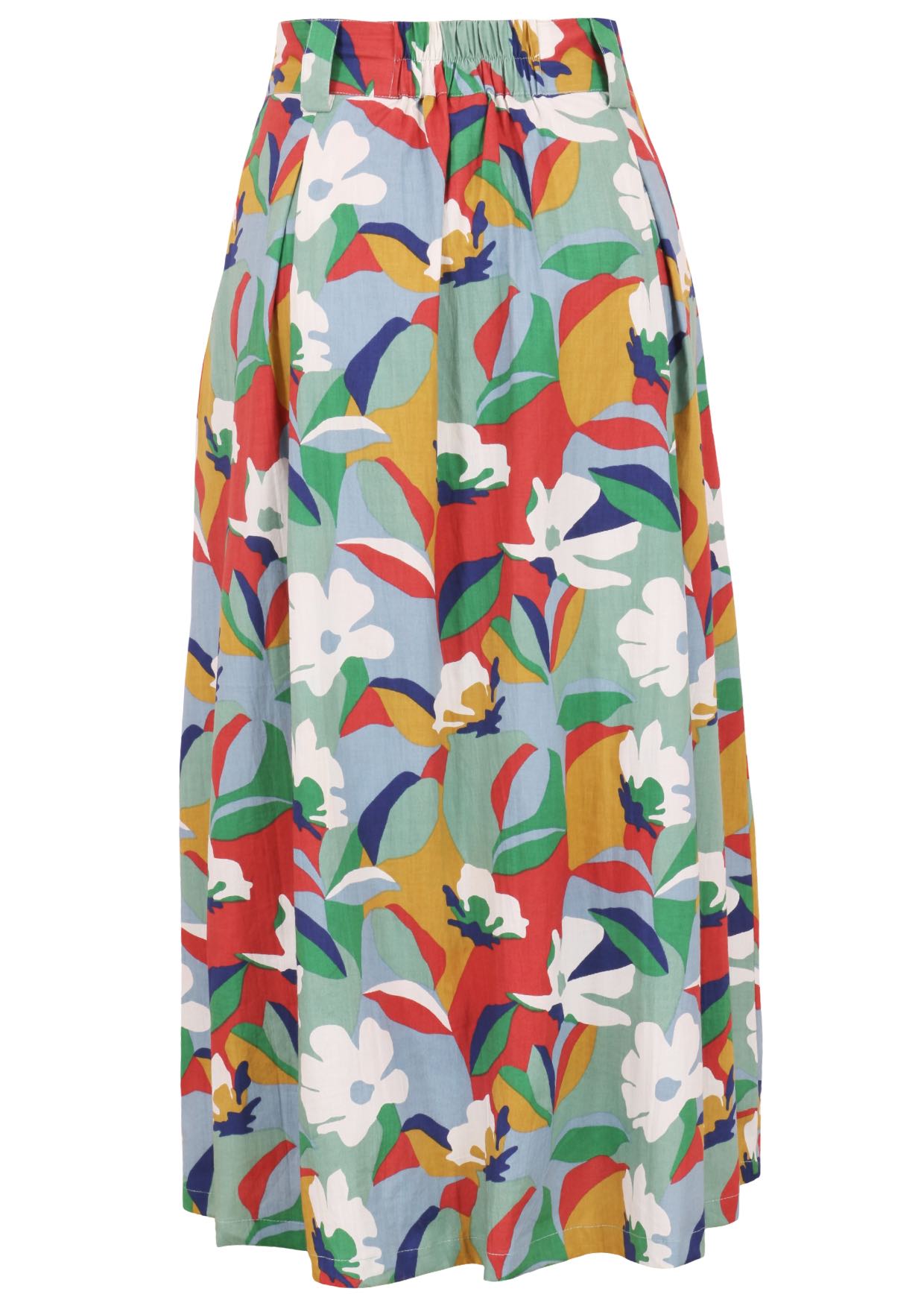 Back view of colourful cotton midi length A-line skirt with belt loops and pockets and elastic in the centre of back
