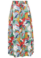 Back view of colourful cotton midi length A-line skirt with belt loops and pockets and elastic in the centre of back